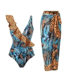 Badeanzug Mit Pareo Safari Leo 11 Badeanzug Mit Pareo Safari Leo -Strandbikini Geschaft Badeanzug Badekleid Damen Swimsuit Bademode Fashion Set Pareo Wickelrock Strand Sommer Elegant Chic Leopard Muster Pflanzen blau braun Safari Leo 3
