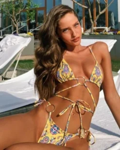 Schnür Bikini Vintage Paisley -Strandbikini Geschaft Bikini Bademode Damen Bandage Stripe binden Triangel String Badehose Wrap Kreise Ringe Sommer gelb Retro Vintage Paisley 1 865325