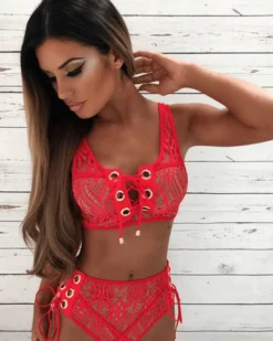 Bikini La Savina -Strandbikini Geschaft Bikini Bademode Damen High Waisted Spitzen Lace rot Savina 1 726624