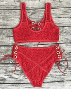 Bikini La Savina -Strandbikini Geschaft Bikini Bademode Damen High Waisted Spitzen Lace rot Savina 5 395405