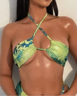 Bikini Set Tropical Green -Strandbikini Geschaft Bikinis Bikini Set Damen Bademode Triangel Brazilian String Tanga Pareo Strandrock gruen blau gelb Tropical Green 7 989151