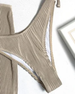 Bikini Set Mit Rock Mariella -Strandbikini Geschaft Dreiteiler Bikini Set Bademode Damen Triangel High Waist Badehose Rock Streifen Stoff Rippstoff Mariella beige khaki 1