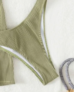 Bikini Set Mit Rock Mariella -Strandbikini Geschaft Dreiteiler Bikini Set Bademode Damen Triangel High Waist Badehose Rock Streifen Stoff Rippstoff Mariella gruen 1