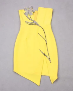 Kleid Fiorella -Strandbikini Geschaft Elegantes Cocktailkleid Bodycon Kleid Schulterfrei Schlitz Glitzerblume Partykleid Clubwear Chick Fiorella gelb 3