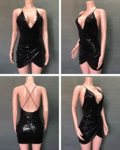 Pailletten Glitzer Kleid Shina -Strandbikini Geschaft Glitzer Kleid Pailletten Damen Ausschnitt Rueckenfrei Minikleid Spaghetti Treager Glitzerkleid Paillettenkleid Shina schwarz 1 116214