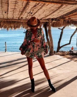 Kurzer Jumpsuit Tropical Watermelon 8 Kurzer Jumpsuit Tropical Watermelon -Strandbikini Geschaft Jumpsuit Overall Sommer Boho Einteiler kurze Hose lange Aermel Wickel Damen Bekleidung Fashion farbig gruen rosa Tropical Watermelon 7