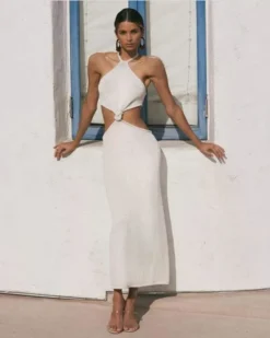 Langes Cut-Out Kleid Milena -Strandbikini Geschaft Kleid Damen lang Maxikleid Sommerkleid Cut Out Neckholder Boho Fashion Style Milena beige weiss 1