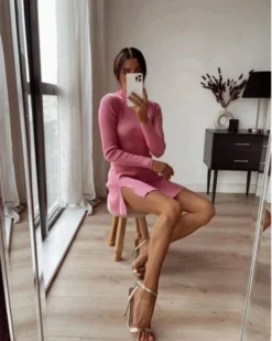 Strick Kleid Melika -Strandbikini Geschaft Kleid Strickkleid Damen Midi Rollkragen Rollkragenkleid Herbst Winter Strick Fashion Style Rosa Pink Melika 4 499178
