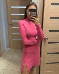 Strick Kleid Melika -Strandbikini Geschaft Kleid Strickkleid Damen Midi Rollkragen Rollkragenkleid Herbst Winter Strick Fashion Style Rosa Pink Melika 6 169829
