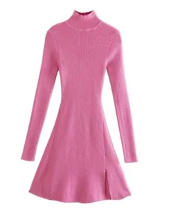 Strick Kleid Melika -Strandbikini Geschaft Kleid Strickkleid Damen Midi Rollkragen Rollkragenkleid Herbst Winter Strick Fashion Style Rosa Pink Melika 7 477982