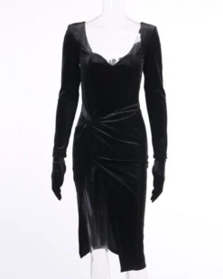 Langes Kleid Velvet Zora -Strandbikini Geschaft Langes Kleid Samt Schwarz Elegant Langarm Bodenlang Maxikleid Schlitz Oeffnung Ausschnitt Handschuhe Velvet Zora 7 900437