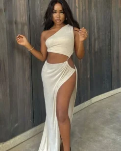 Langes Cut-Out Kleid Glory 9 Langes Cut-Out Kleid Glory -Strandbikini Geschaft Maxikleid Kleid Damen Langes Bodenlanges Kleid Schlitz Oeffnung Seite Cut Outs Design Fashion Elegant Glory beige 3 249458