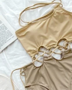 Monokini Badeanzug Haley -Strandbikini Geschaft Monokini Badeanzug Badekleid Bademode Damen Cut Ouuts Designer Schnitt Schnuerrung One Shoulder beige khaki Haley 5 475328