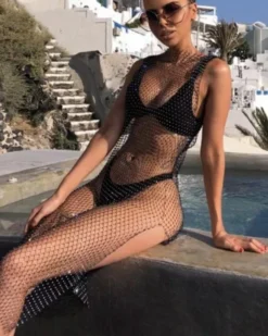 Glitzer Netzkleid Shina -Strandbikini Geschaft Netzkleid Glitzerkleid Kleid lang Damen Party Club Festival transparent Fishnet Sexy Shina schwarz 3 116050