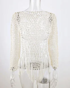 Netz Fransen Pullover Leily -Strandbikini Geschaft Netzpullover Haekel Shirt Crochet Strick Knitted Netz Shirt Fransen Asymmetrisch Spitz Boho Hippie Beach Leily weiss 1
