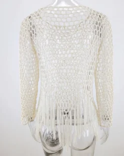 Netz Fransen Pullover Leily -Strandbikini Geschaft Netzpullover Haekel Shirt Crochet Strick Knitted Netz Shirt Fransen Asymmetrisch Spitz Boho Hippie Beach Leily weiss 3