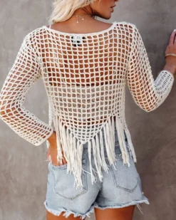 Netz Fransen Pullover Leily -Strandbikini Geschaft Netzpullover Haekel Shirt Crochet Strick Knitted Netz Shirt Fransen Asymmetrisch Spitz Boho Hippie Beach Leily weiss 7