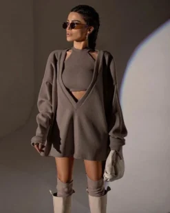 Pullover Kleid Haley -Strandbikini Geschaft Pullover Kleid Feinstrick Sweater Oversized Crop Top Fashion Bekleidung Damen Zweierset Haley braun 3 881164