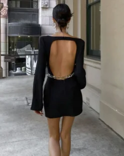 Rückenfreies Kleid Emmie -Strandbikini Geschaft Rueckenfreies Kurzes Damen Kleid langarm elegant Partydress Abendkleid Gurt Gliederkette silber Emmie 4