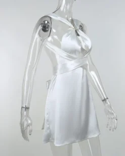 Satin Kleid Giorgia -Strandbikini Geschaft Satin Kleid Damen elegantes Midi Kleid zum binden Rueckenfrei Giorgia weiss 3
