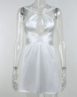 Satin Kleid Giorgia -Strandbikini Geschaft Satin Kleid Damen elegantes Midi Kleid zum binden Rueckenfrei Giorgia weiss 4