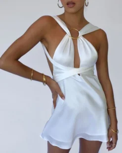 Satin Kleid Giorgia -Strandbikini Geschaft Satin Kleid Damen elegantes Midi Kleid zum binden Rueckenfrei Giorgia weiss 6