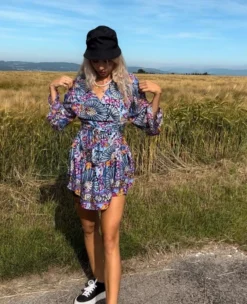 Seiden Kleid Ananda -Strandbikini Geschaft Seidenkleid Kimono Bluse Seide Silk Kleidung Damen Paisley Blumen Muster Farbig Violett Blau pink orange Ananda Cindy 4