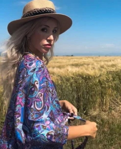 Paisley Seiden Kleid Mohana -Strandbikini Geschaft Seidenkleid Kurzes Kleid Sommerkleid Seide Silk Boho Hippie Kimono Bluse Sommerkleider Damen gruen Paisley vilett rosa gemischt Mohana Cindy 19