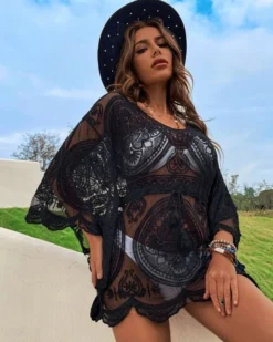 Spitzen Beach-Cover Up Shirt Gloria 10 Spitzen Beach-Cover Up Shirt Gloria -Strandbikini Geschaft Spitzen Shirt Kleid Beach Cover Up Lace Sommerkleider Damen Gloria schwarz 2