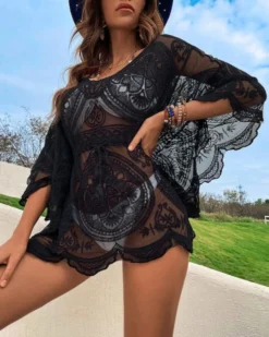 Spitzen Beach-Cover Up Shirt Gloria 11 Spitzen Beach-Cover Up Shirt Gloria -Strandbikini Geschaft Spitzen Shirt Kleid Beach Cover Up Lace Sommerkleider Damen Gloria schwarz 3