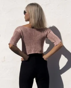 Häkel Strick Shirt Raquel -Strandbikini Geschaft Strick Haekel Shirt Crochet Crop Top Twisted langarm Haekelkleider Batik handgemacht Boho JustStyle altrosa rosa Raquel 1