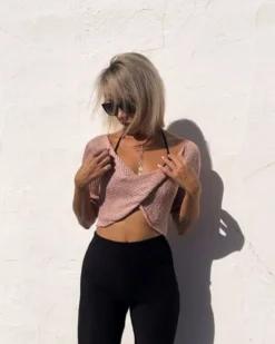 Häkel Strick Shirt Raquel -Strandbikini Geschaft Strick Haekel Shirt Crochet Crop Top Twisted langarm Haekelkleider Batik handgemacht Boho JustStyle altrosa rosa Raquel 2