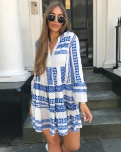 Tunika Kleid Ethno -Strandbikini Geschaft Tunikakleid Damen Tunika Kleid Ethno Muster Ibiza Leinen Sommer dunkelblau 1 621658