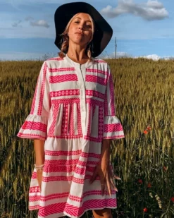 Tunika Kleid Ethno -Strandbikini Geschaft Tunikakleid Damen Tunika Kleid Ethno Muster Ibiza Leinen Sommer fuchsia pink rosa Cindy 6 424793